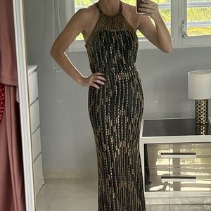 NWT "Parker Black" Gold beaded evening gown.